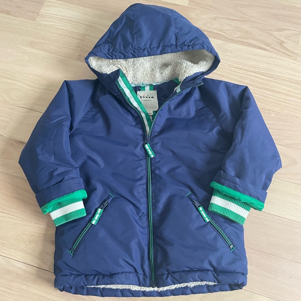 Mini Boden Sherpa Lined Anorak, College Navy with green & white stripes, 5/6